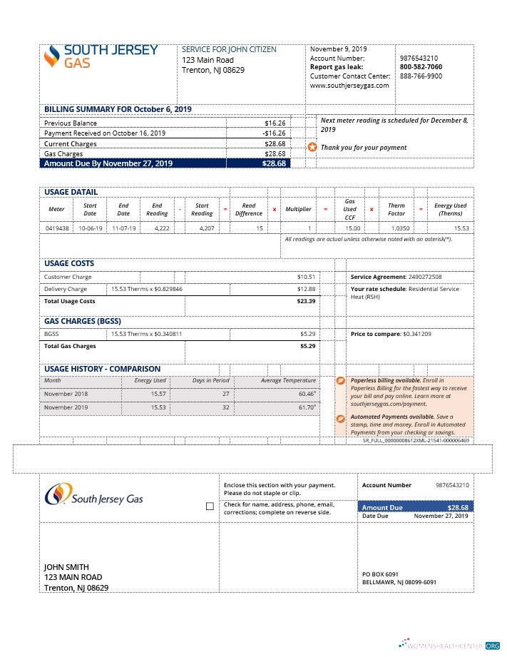 download USA New Jersey gas utility bill template in Word and PDF format (.doc and .pdf) PDF template